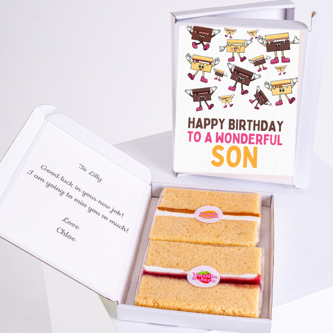 Birthday cake gift box for son with note to Lilly.