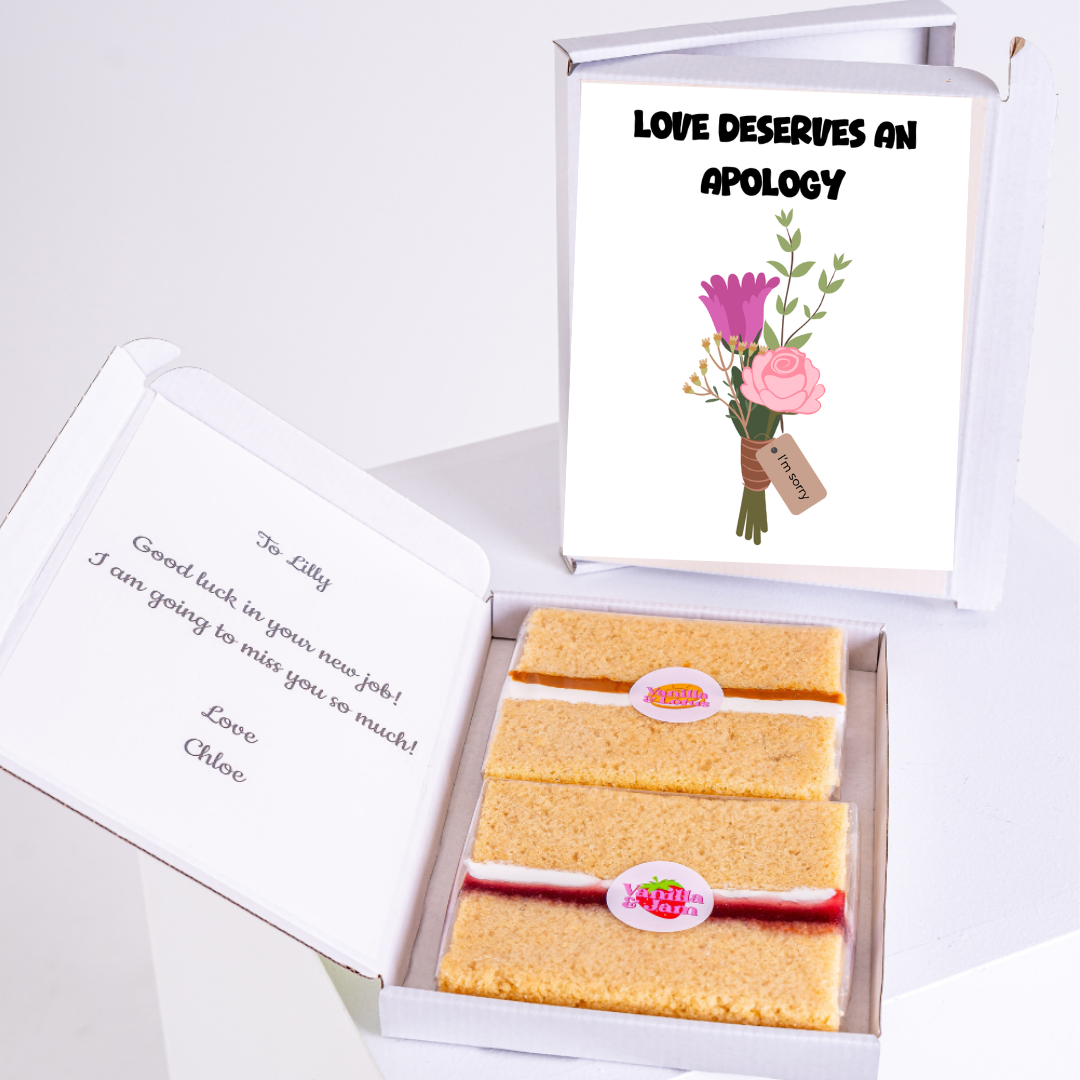 Apology gift box with cake and card, Love Deserves an Apology for Lilly