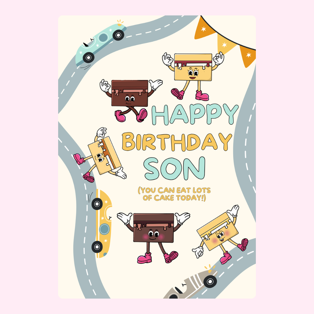 Happy Birthday Son card with suitcase characters and cars.