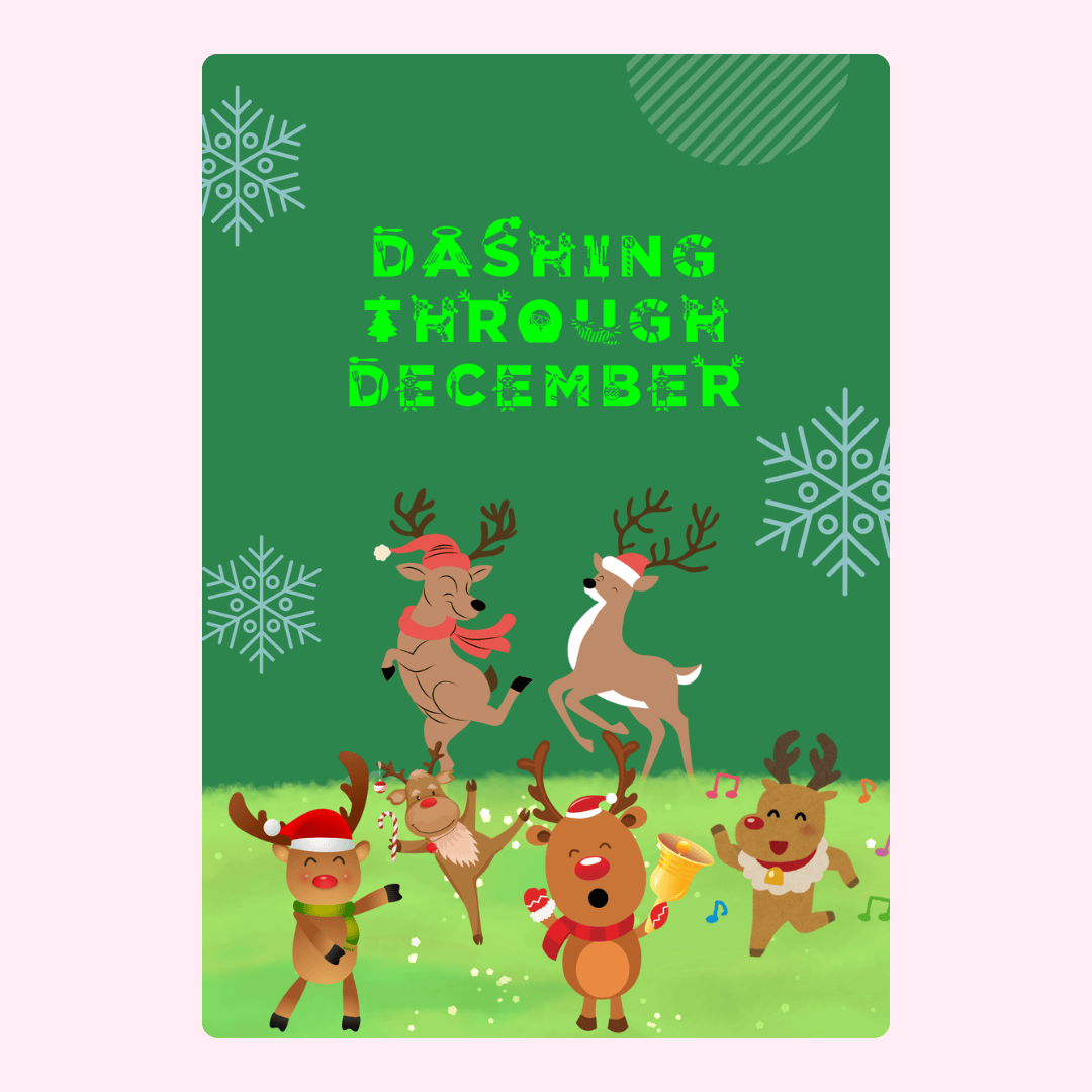 Christmas card design featuring dancing reindeer.