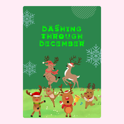 Christmas card design featuring dancing reindeer.