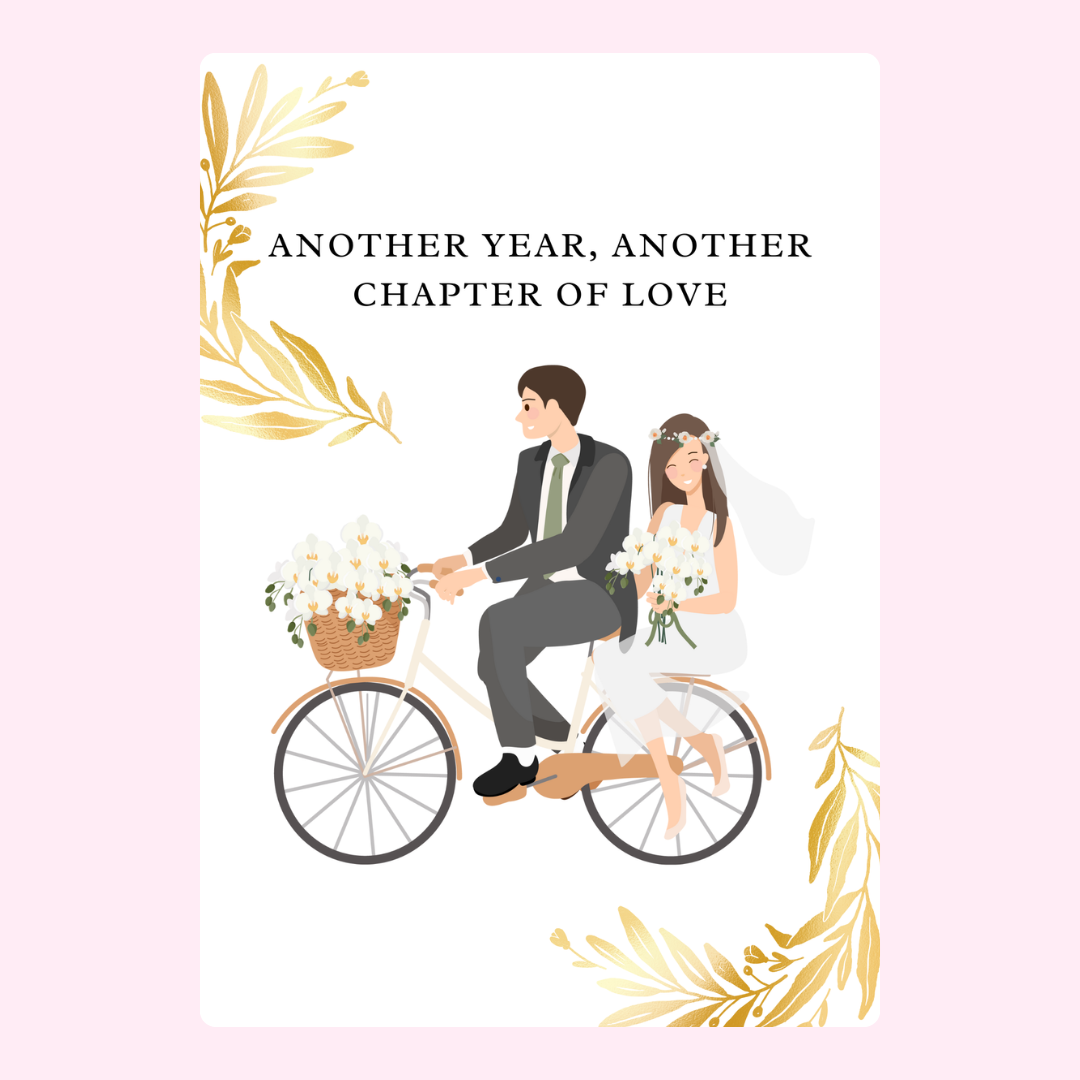 Wedding anniversary card with couple on bicycle, Another year of love