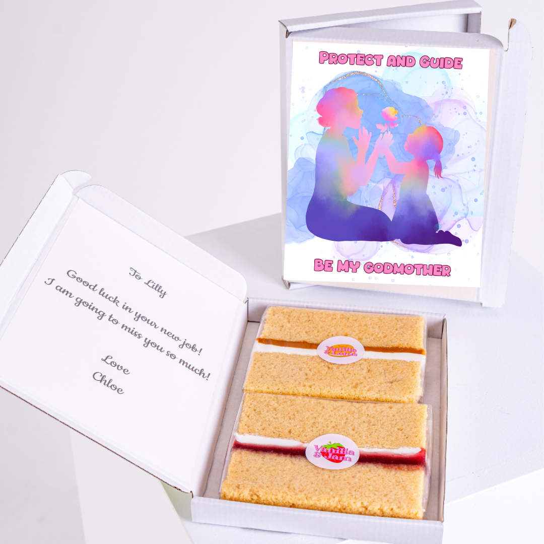Godmother gift box with cake and card, Protect and Guide