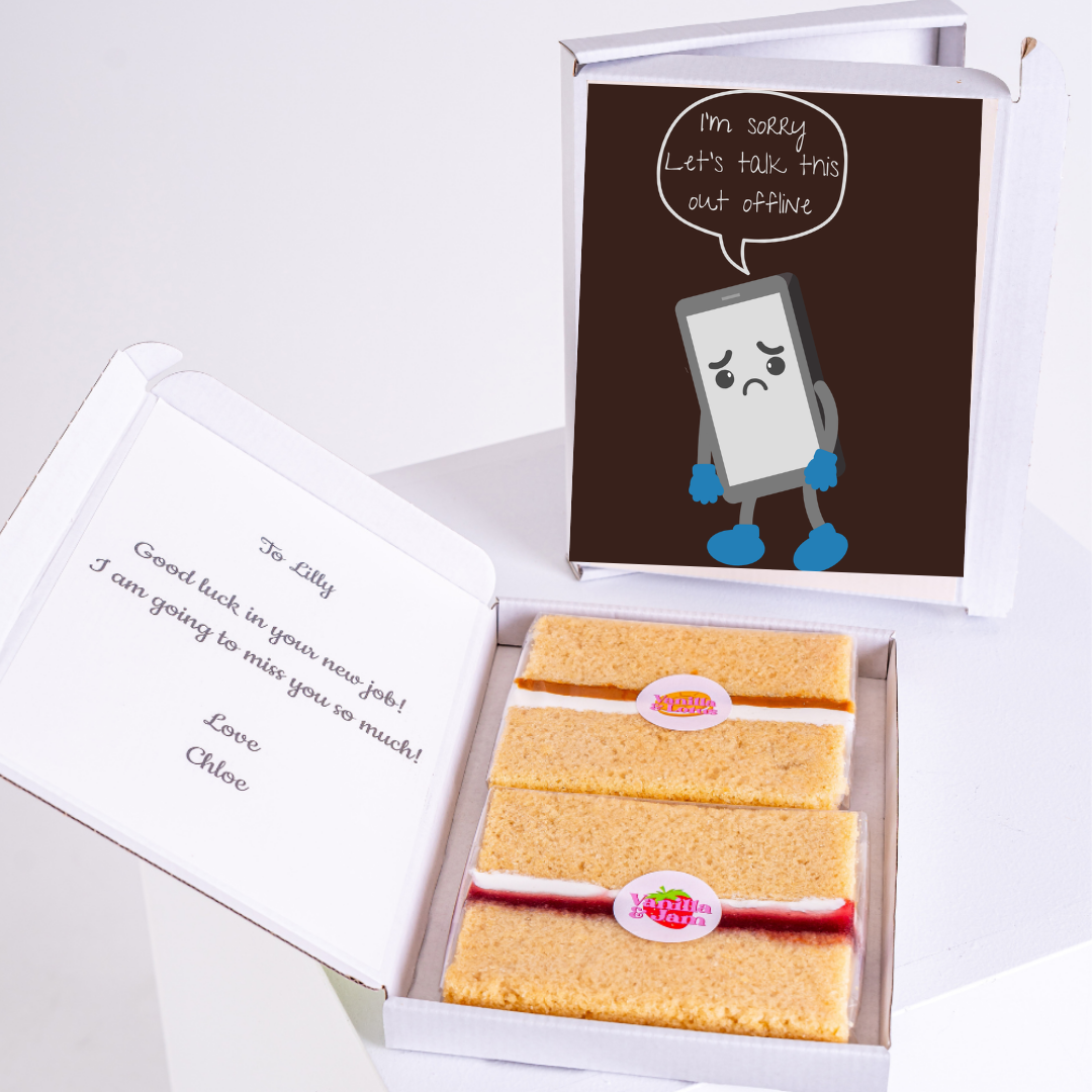 Farewell gift box with cake, card, and sad phone design.