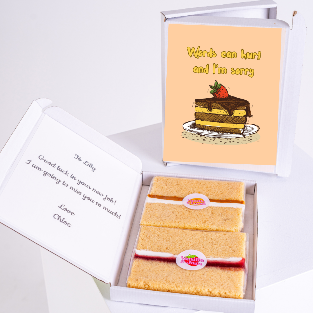 Farewell cake gift box for Lilly with a sorry card.