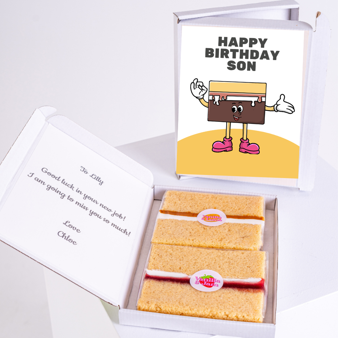 Birthday cake gift box with Happy Birthday Son card.