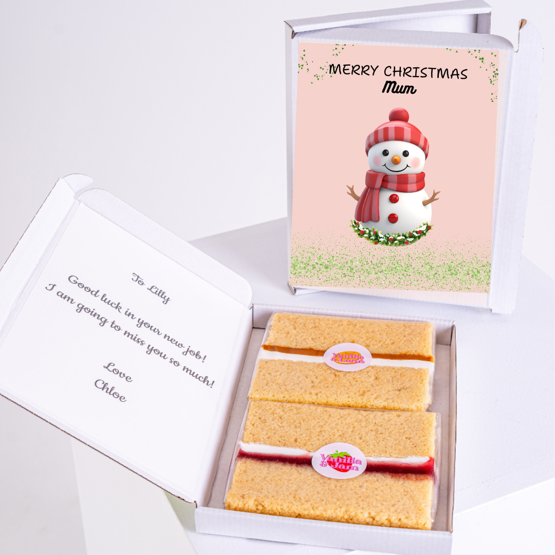 Christmas cake gift box with snowman card, Merry Christmas Mum
