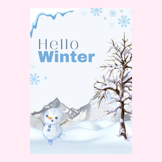 Winter greeting card with snowman and mountains