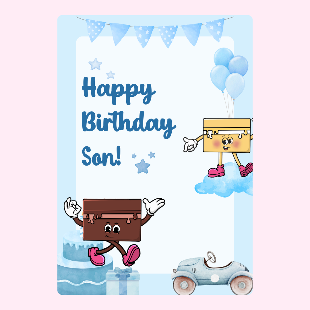 Birthday card for son with animated characters.