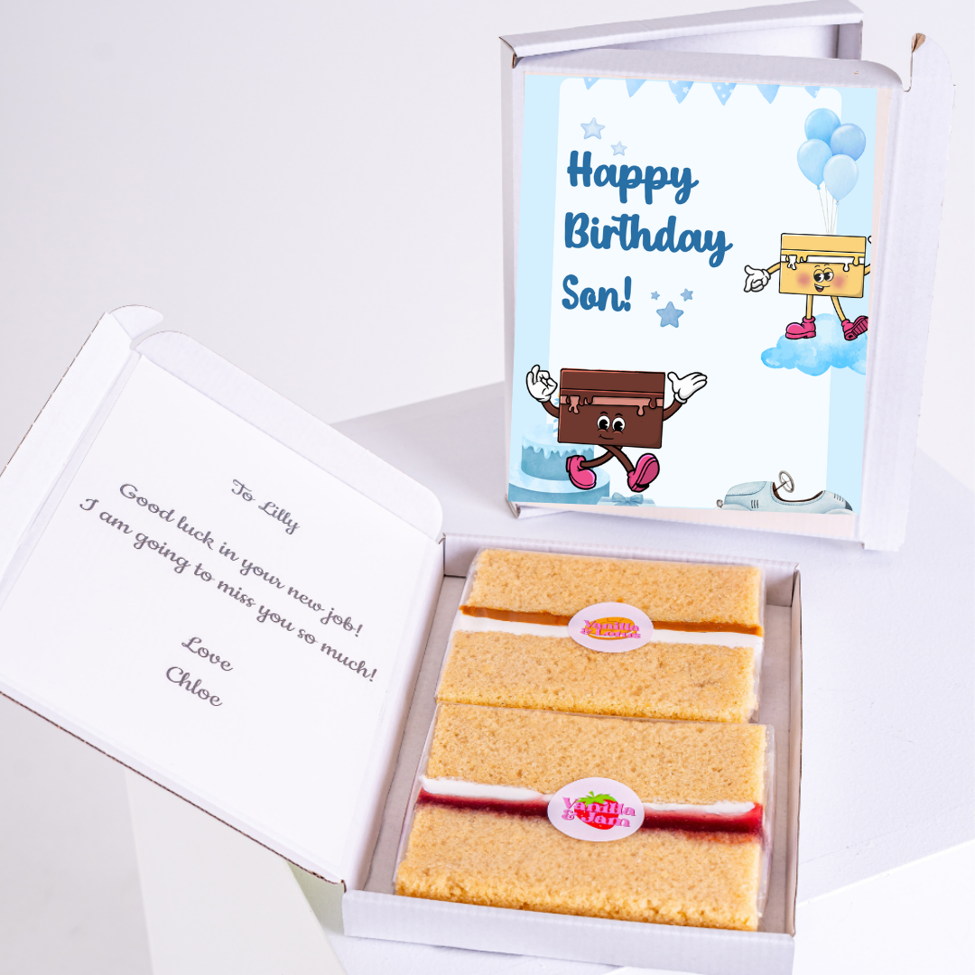 Birthday cake gift box for son with Happy Birthday Son card.