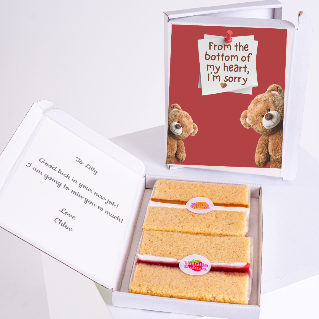 Get well soon gift box with cake and teddy bear card.