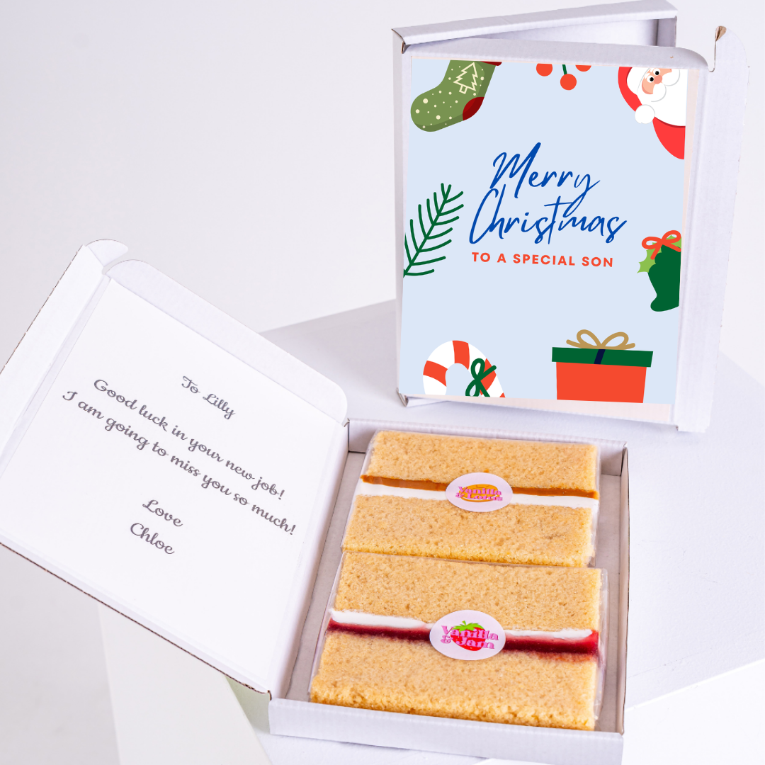 Christmas gift box with cake for a special son.