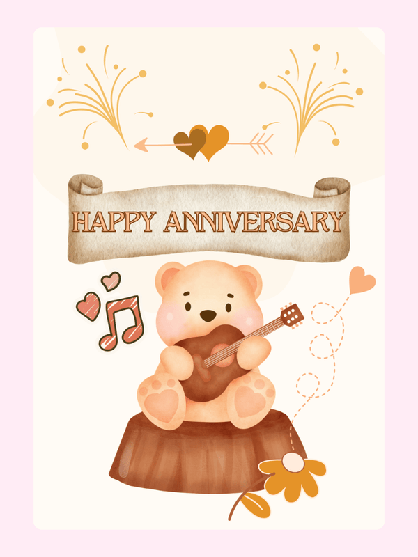 Teddy Bear Guitar Anniversary Cake Card