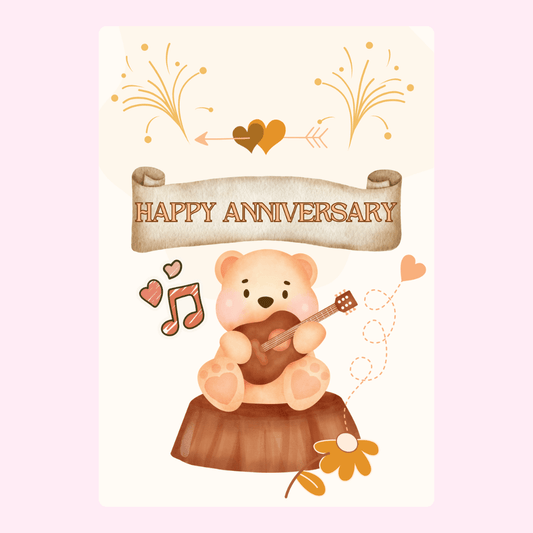 Happy Anniversary card with teddy bear playing guitar