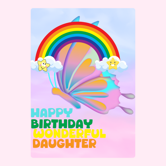 Happy Birthday Wonderful Daughter card with butterfly & rainbow