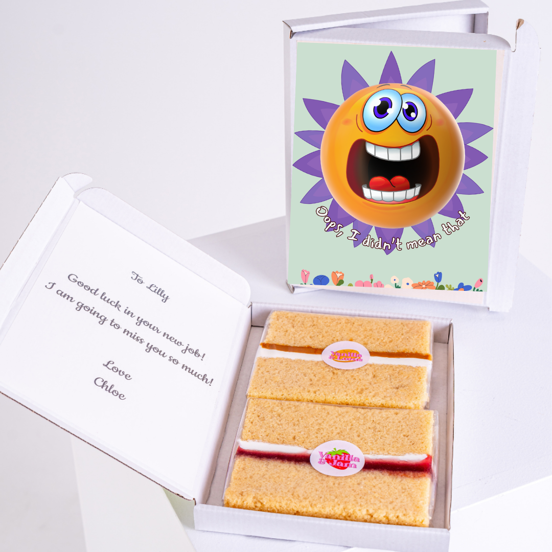 Cake box with Oops, I didn't mean that emoji and note to Lilly.