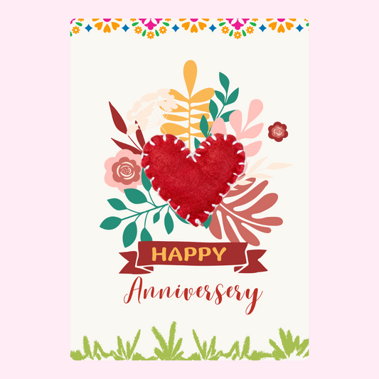 Happy Anniversary card with red heart and floral design.