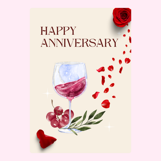 Happy Anniversary card with wine, roses and grapes.