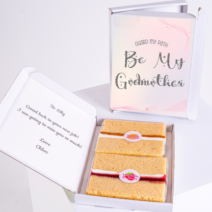 Godmother gift box with cake, Be My Godmother and message for Lilly.