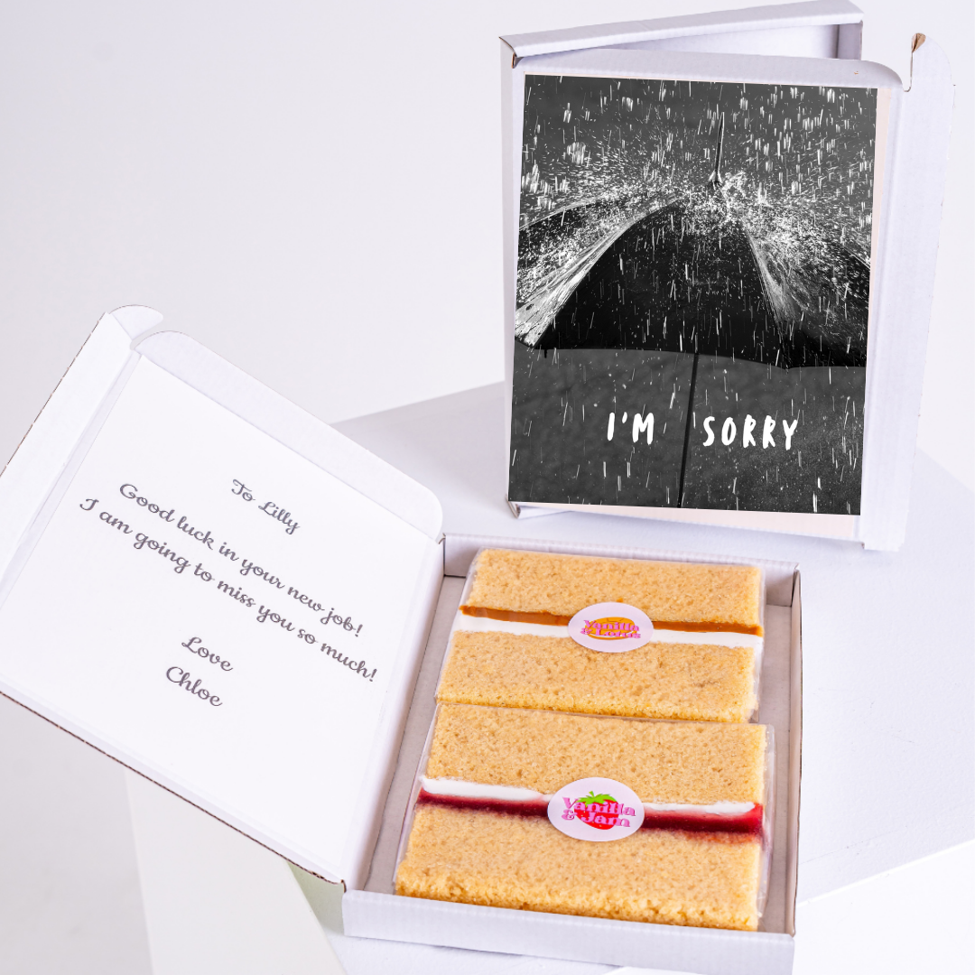 Sorry cake gift box with card for Lilly, saying goodbye and good luck