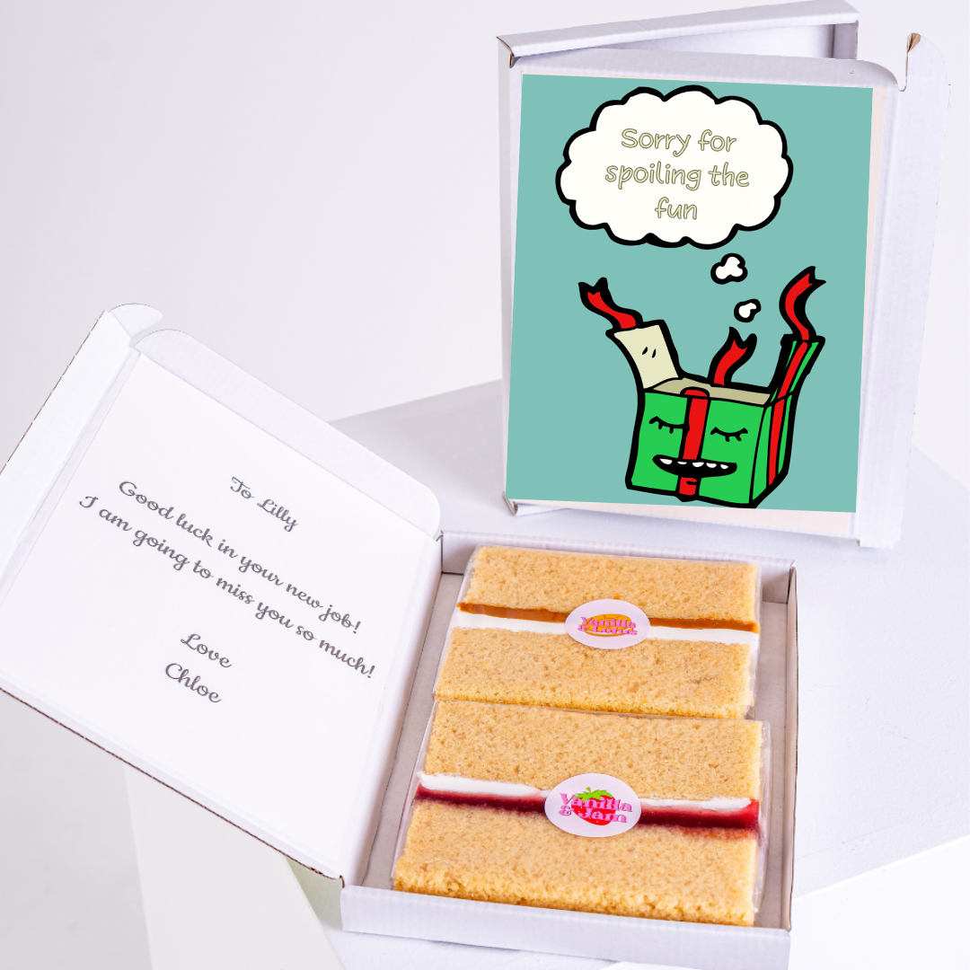 Farewell cake gift box for Lilly with Sorry for spoiling the fun card.