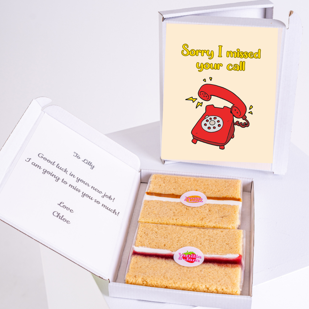 Cake gift box with Sorry I missed your call card & good luck message.