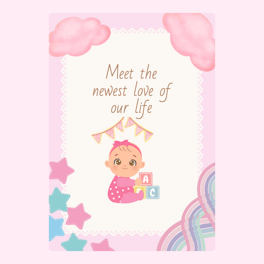 Baby shower invitation with cute baby and text.