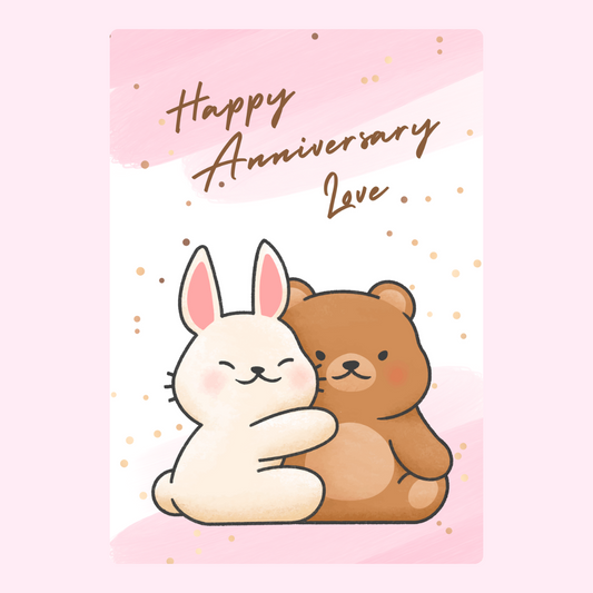 Happy Anniversary card with rabbit and bear, design 58.