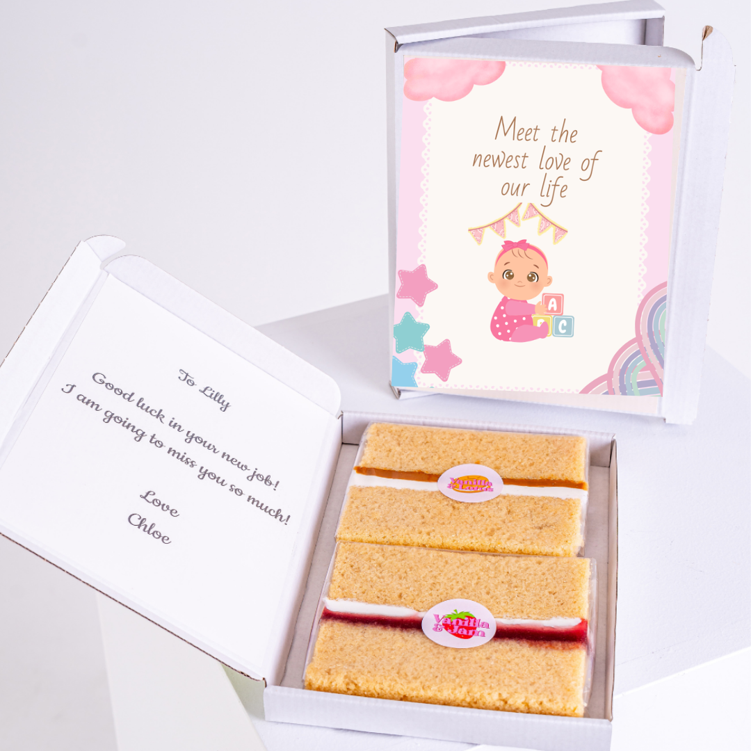 Baby shower gift box with cake and card, Meet the newest love of our life