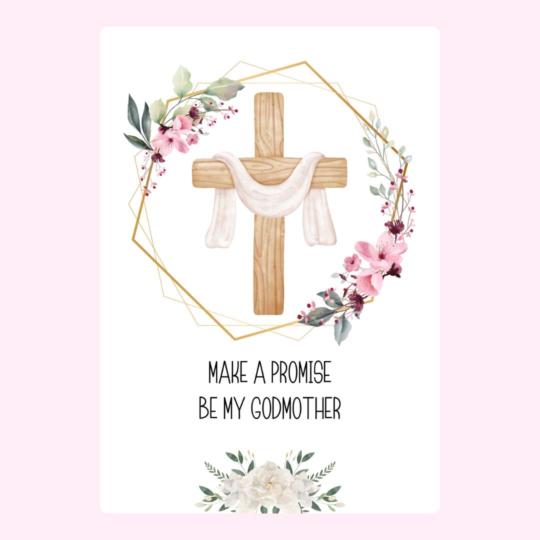 Godmother promise card with floral cross design
