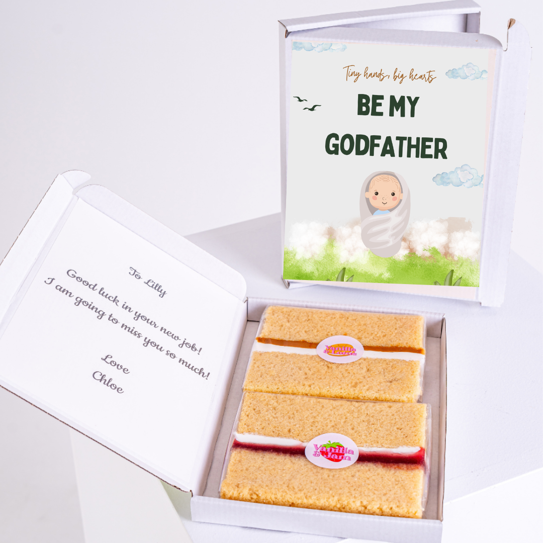 Be My Godfather gift box with cake and note