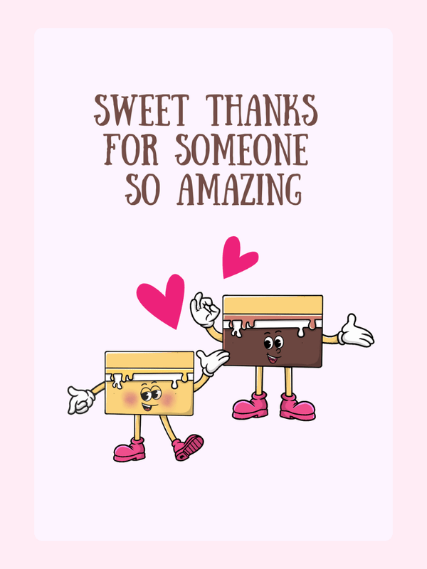 Sweet thanks card with animated cake characters