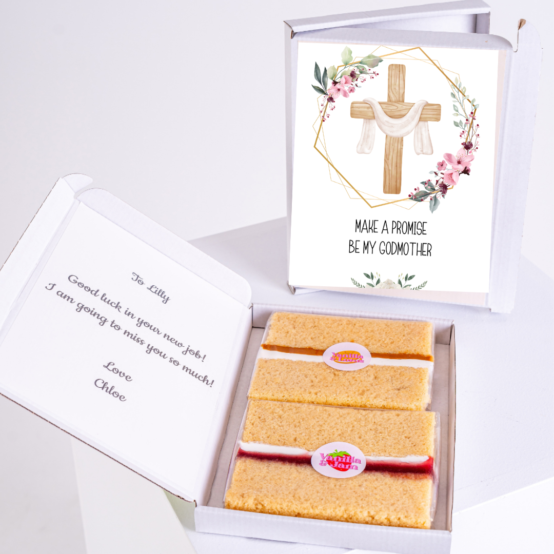 Godmother gift box with cake, cross card, and Make a Promise message.
