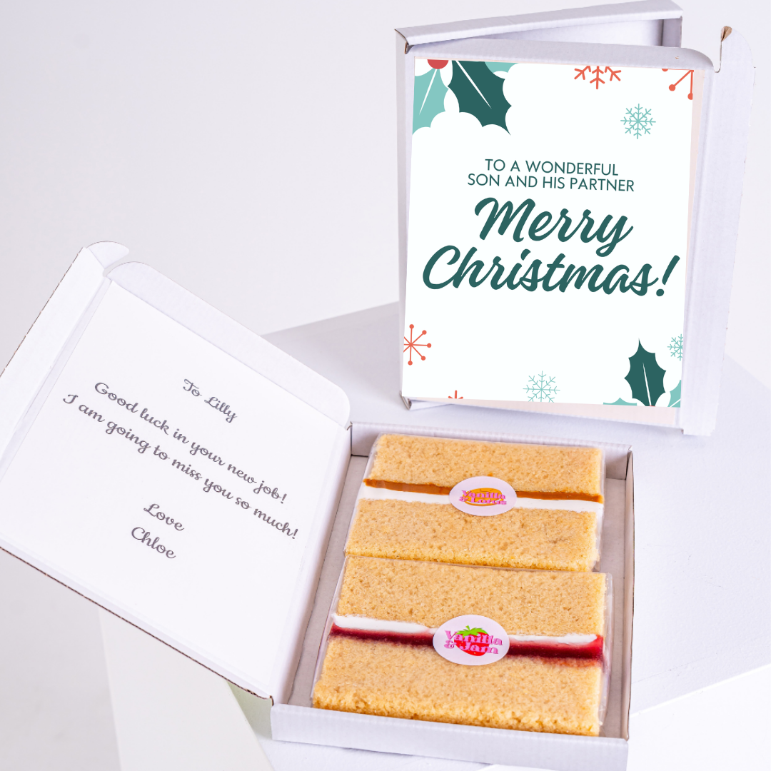 Christmas cake gift box with Merry Christmas card and Good luck message.