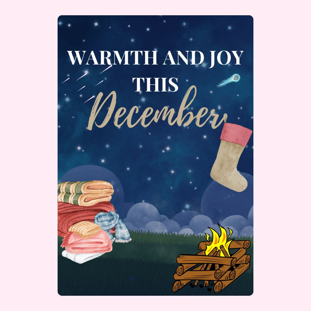 December warmth and joy design with cozy imagery.