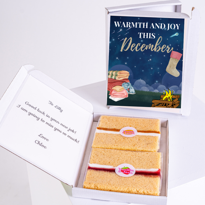 Gift box with cake and Warmth and Joy This December card.