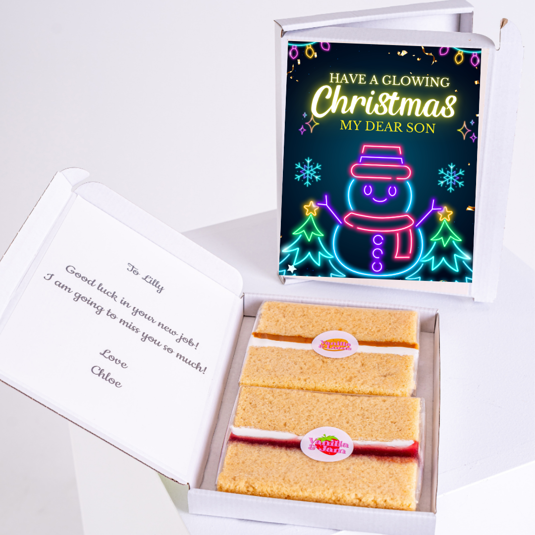 Christmas gift box with cake & Have a Glowing Christmas card for son.