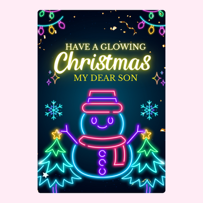 Glowing Christmas card for son with neon snowman