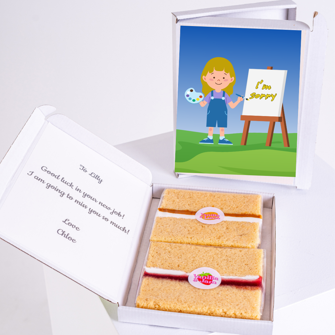 Cake gift box with I'm Sorry card for Lilly, good luck message.