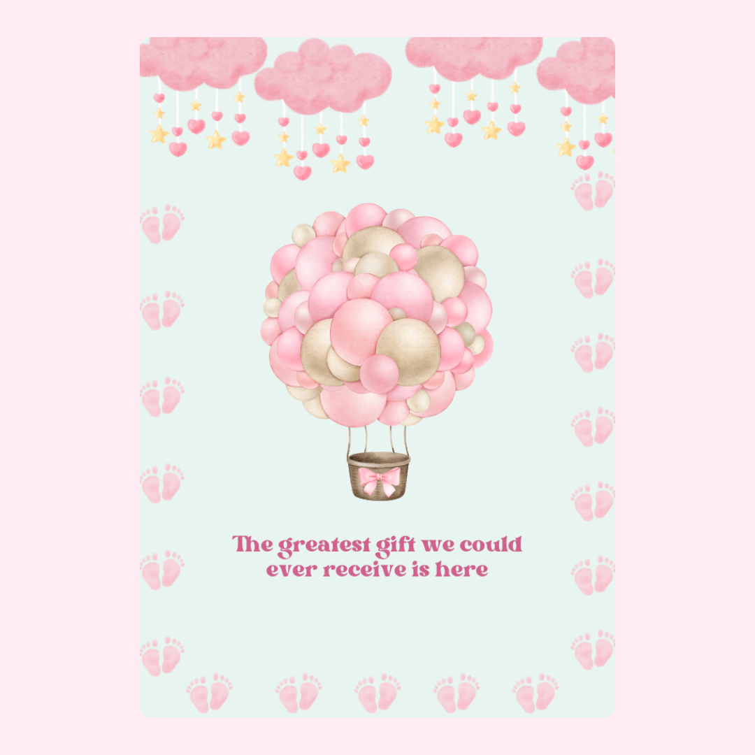 Baby shower invitation with pink hot air balloon and baby feet.