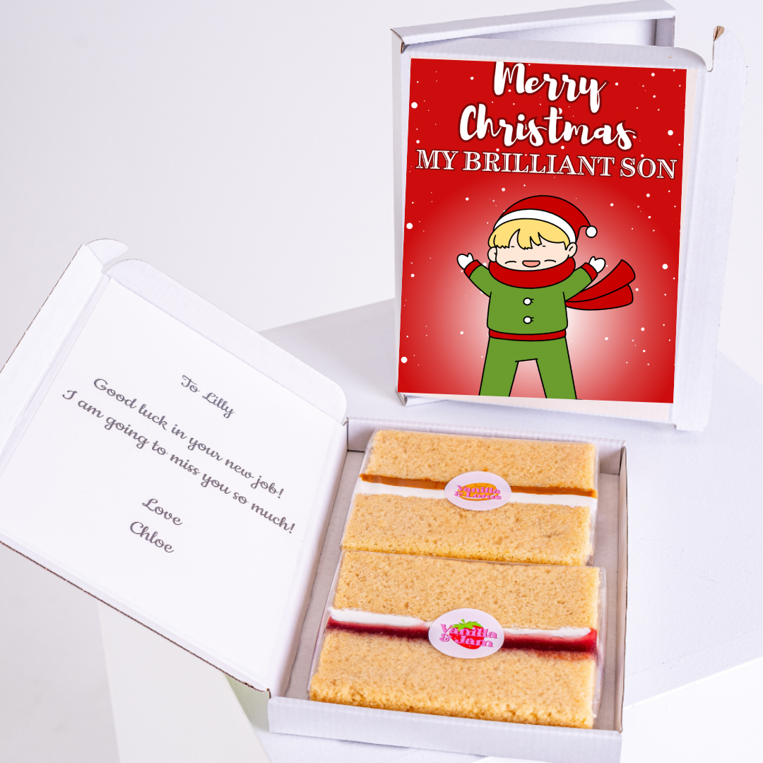Christmas gift box for son with cake and note