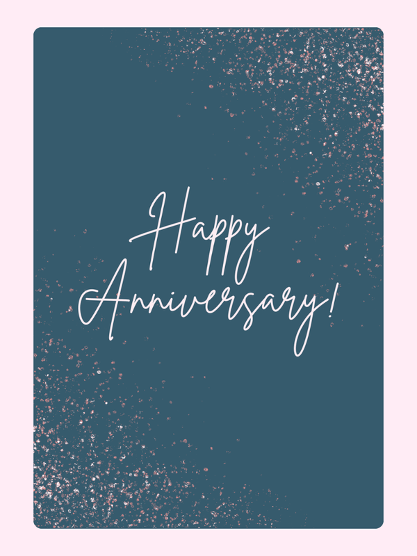 Anniversary card design with Happy Anniversary! text and glitter.