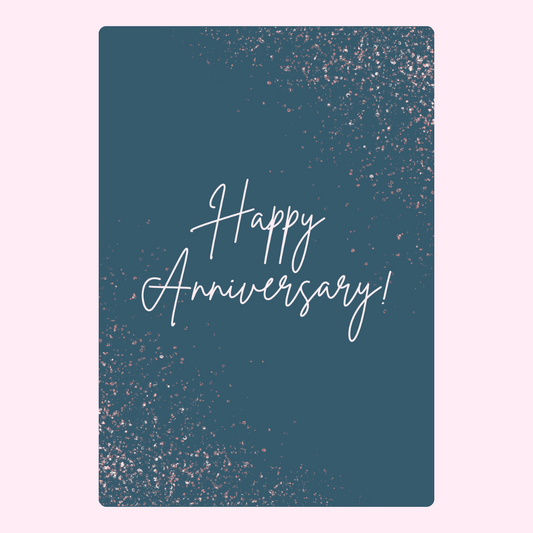 Anniversary card design with Happy Anniversary! text and glitter.