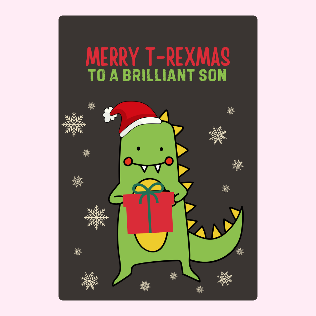Merry T-Rexmas card for son with dinosaur, gift, and snowflakes.