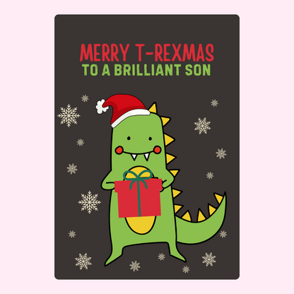 Merry T-Rexmas card for son with dinosaur, gift, and snowflakes.