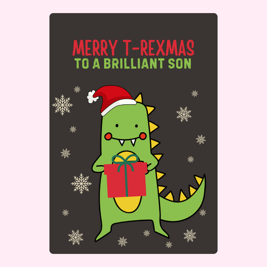 Merry T-Rexmas card for son with dinosaur, gift, and snowflakes.