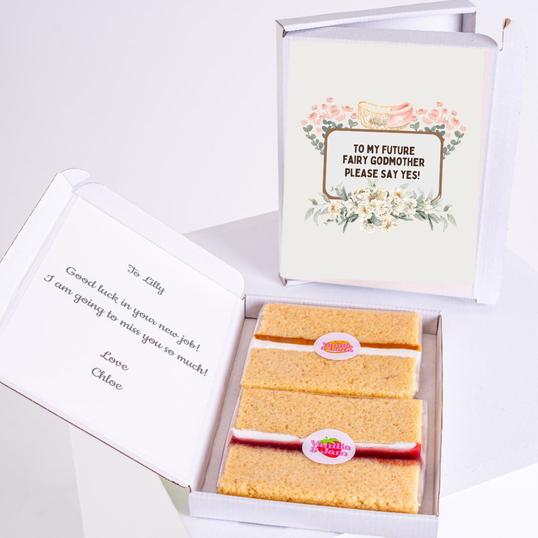 Cake gift box for Lilly with Good luck message and Fairy Godmother card