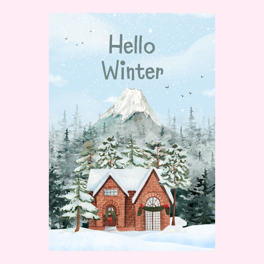 Winter scene with Hello Winter text and a snow-covered house.