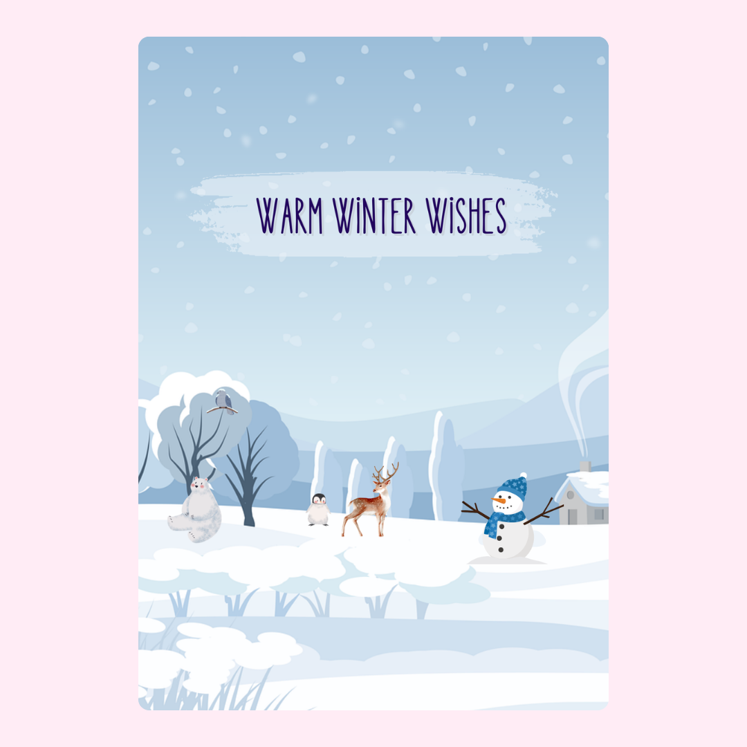 Warm Winter Wishes greeting card with snowman and deer