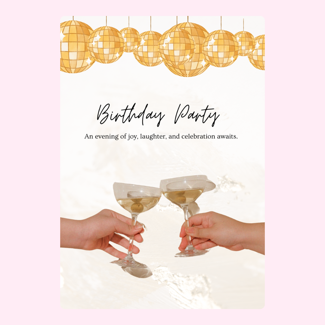 Birthday party invitation with disco balls and champagne toast.